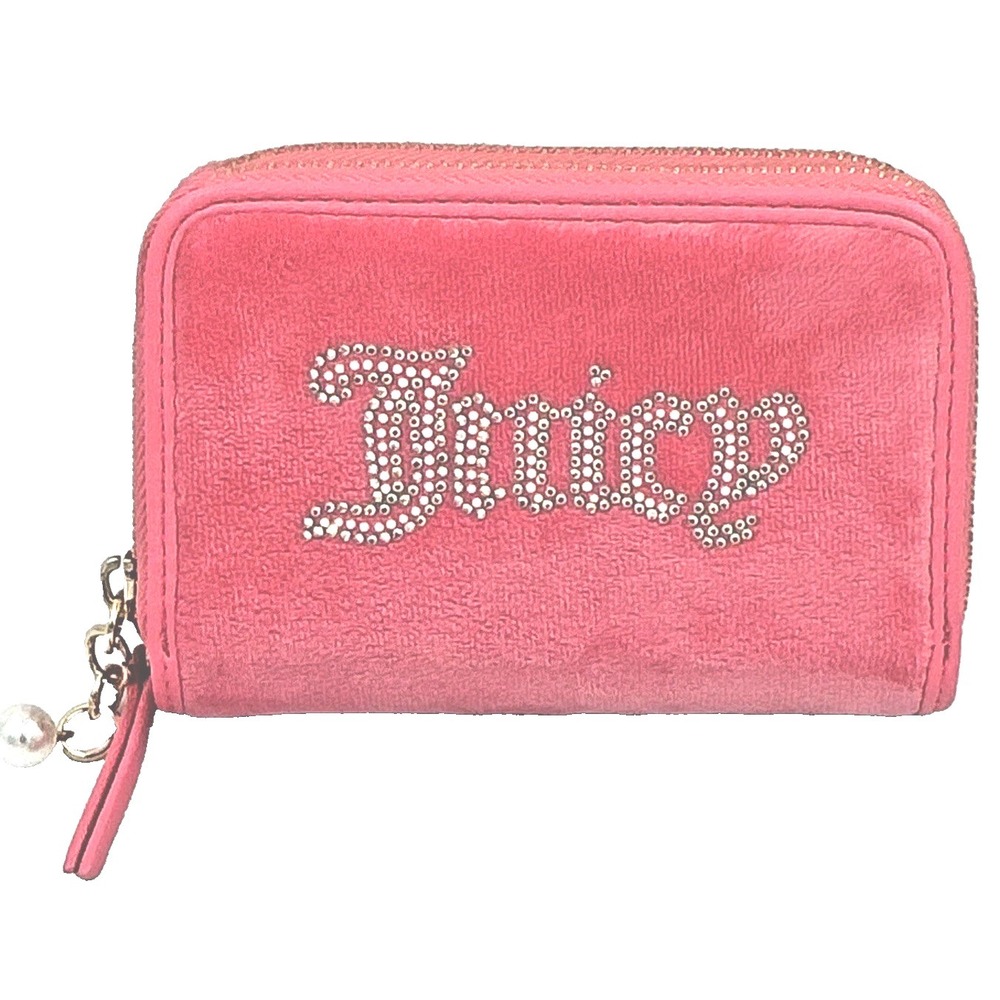 Juicy Couture Wallet Women Medium Pink NWT Velour Rhinestone Zip Around Pearl